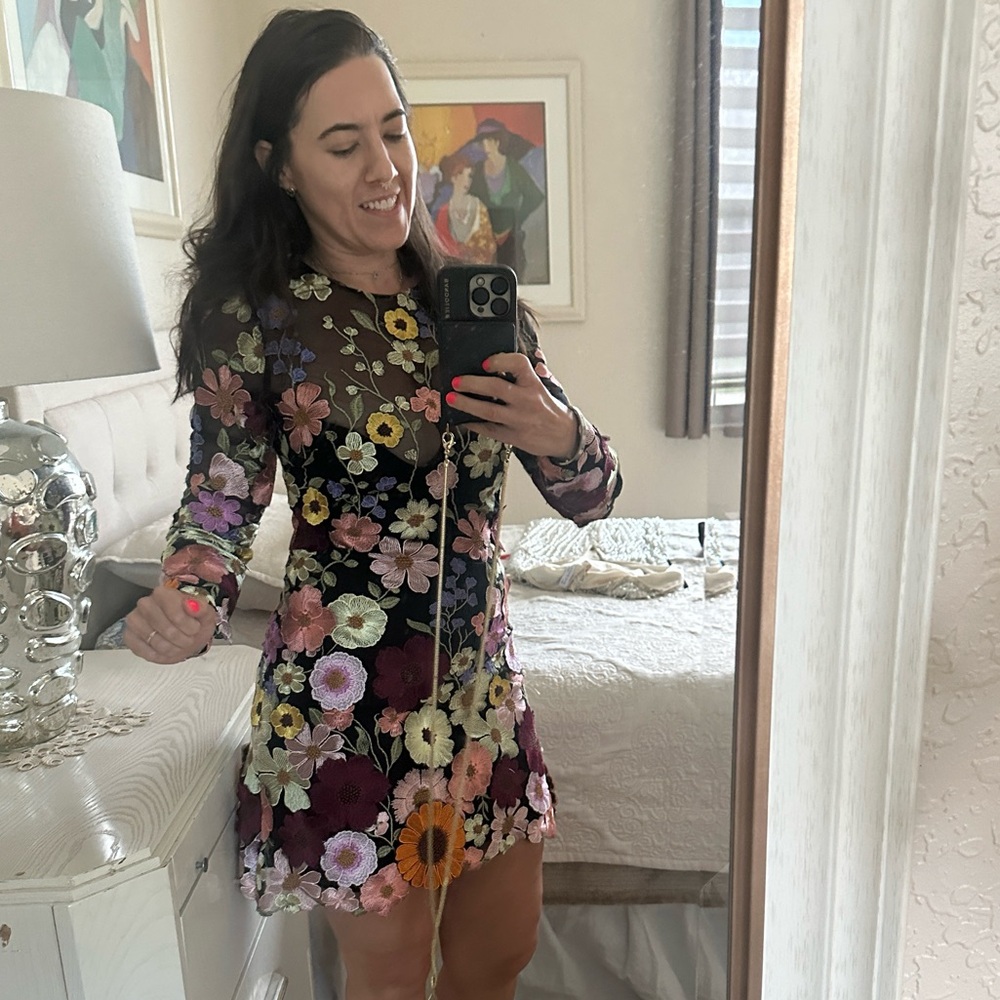 Mac Duggal Women's Long Sleeve Embroidered Floral Black Mini Dress Size 6